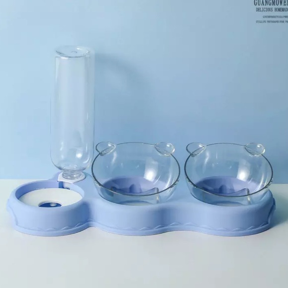 Dog cat pet food water bowl 3 in 1 set feeder automatic water bottle Bear blue - Picture 3 of 14